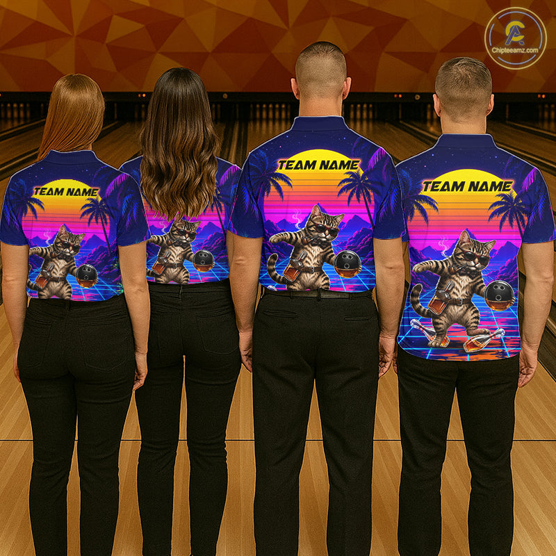 Custom Retro Mens Bowling Shirt Drunk Cat Bowling Polo Quarter-Zip Jersey, Funny Bowler Gift NYN4287