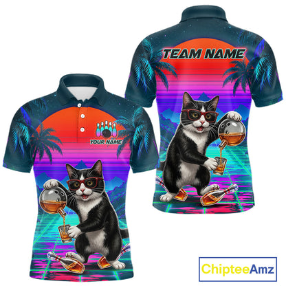 Custom Retro Mens Bowling Shirt Bartender Cat Bowling Polo Quarter-Zip Jersey, Funny Bowler Gift NYN4288
