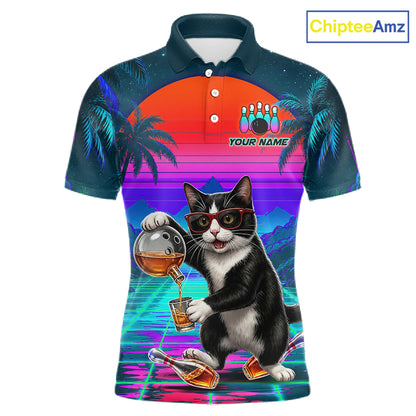 Custom Retro Mens Bowling Shirt Bartender Cat Bowling Polo Quarter-Zip Jersey, Funny Bowler Gift NYN4288