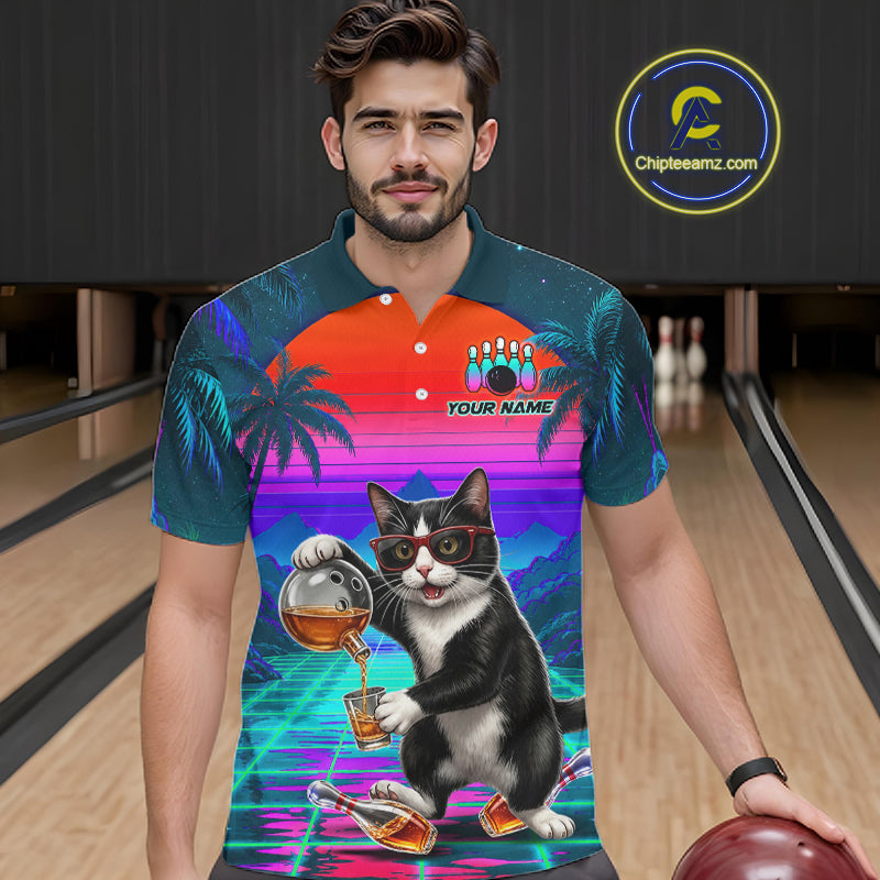 Custom Retro Mens Bowling Shirt Bartender Cat Bowling Polo Quarter-Zip Jersey, Funny Bowler Gift NYN4288