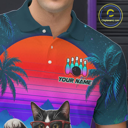 Custom Retro Mens Bowling Shirt Bartender Cat Bowling Polo Quarter-Zip Jersey, Funny Bowler Gift NYN4288
