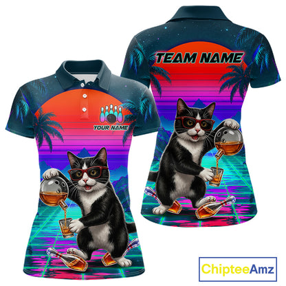 Custom Retro Women Bowling Shirt Bartender Cat Bowling Polo Quarter-Zip Jersey, Funny Bowler Gift NYN4288