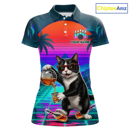 Custom Retro Women Bowling Shirt Bartender Cat Bowling Polo Quarter-Zip Jersey, Funny Bowler Gift NYN4288
