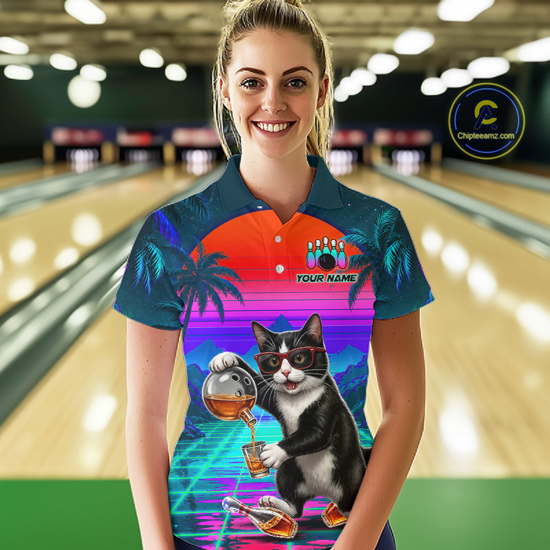 Custom Retro Women Bowling Shirt Bartender Cat Bowling Polo Quarter-Zip Jersey, Funny Bowler Gift NYN4288