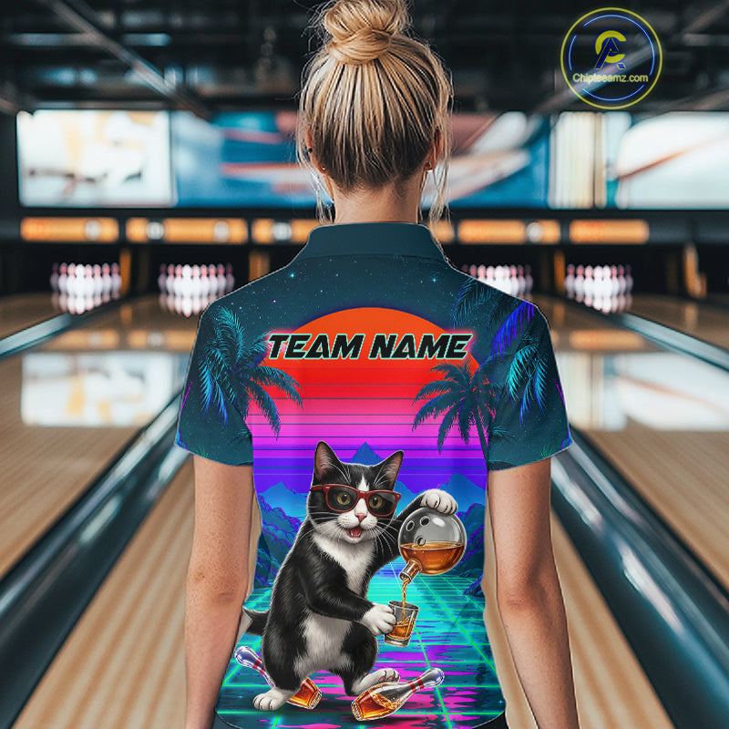 Custom Retro Women Bowling Shirt Bartender Cat Bowling Polo Quarter-Zip Jersey, Funny Bowler Gift NYN4288