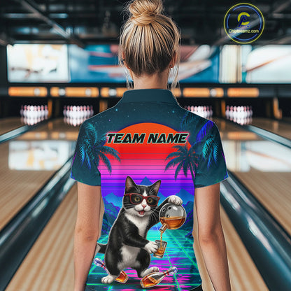 Custom Retro Women Bowling Shirt Bartender Cat Bowling Polo Quarter-Zip Jersey, Funny Bowler Gift NYN4288