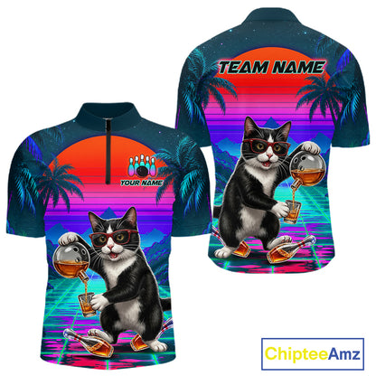 Custom Retro Mens Bowling Shirt Bartender Cat Bowling Polo Quarter-Zip Jersey, Funny Bowler Gift NYN4288