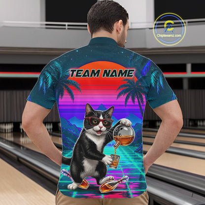 Custom Retro Mens Bowling Shirt Bartender Cat Bowling Polo Quarter-Zip Jersey, Funny Bowler Gift NYN4288