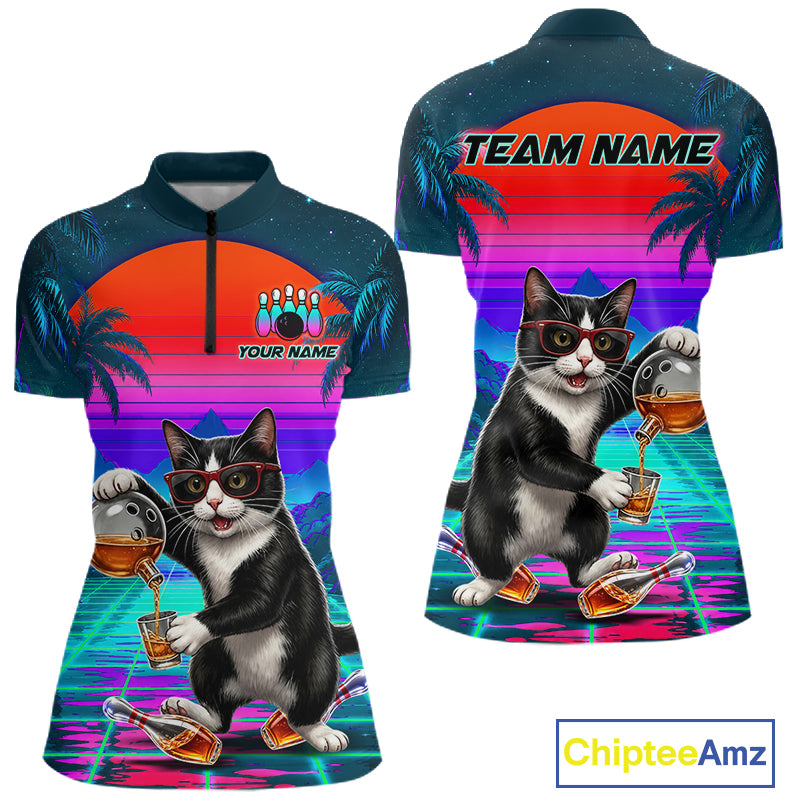 Custom Retro Women Bowling Shirt Bartender Cat Bowling Polo Quarter-Zip Jersey, Funny Bowler Gift NYN4288