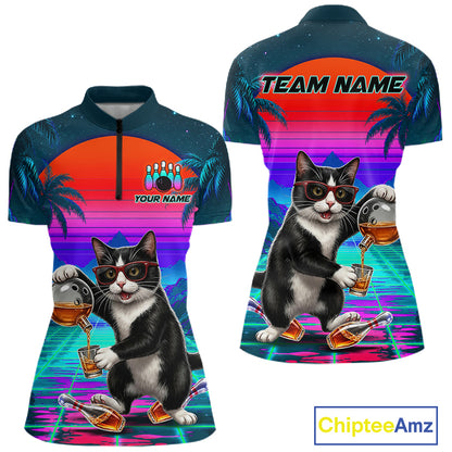 Custom Retro Women Bowling Shirt Bartender Cat Bowling Polo Quarter-Zip Jersey, Funny Bowler Gift NYN4288