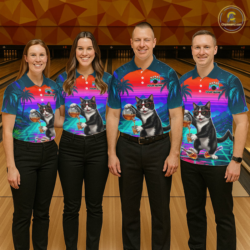 Custom Retro Mens Bowling Shirt Bartender Cat Bowling Polo Quarter-Zip Jersey, Funny Bowler Gift NYN4288