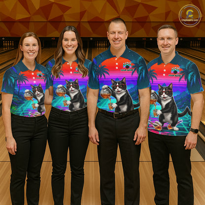 Custom Retro Mens Bowling Shirt Bartender Cat Bowling Polo Quarter-Zip Jersey, Funny Bowler Gift NYN4288