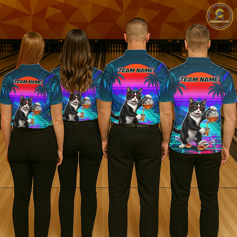 Custom Retro Mens Bowling Shirt Bartender Cat Bowling Polo Quarter-Zip Jersey, Funny Bowler Gift NYN4288