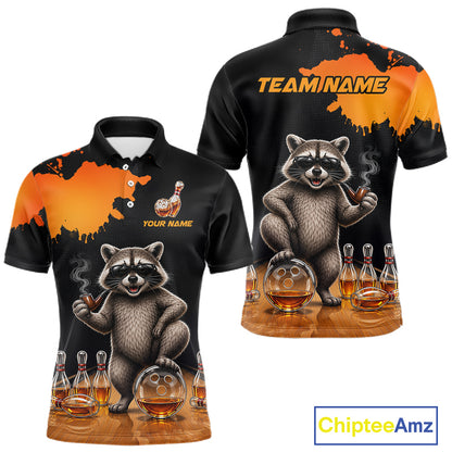 Orange Funny Bowling Shirt For Men, Whiskey Drunk Raccoon Retro Bowling Jersey, Bowler Team Apparel Gift NYN4291