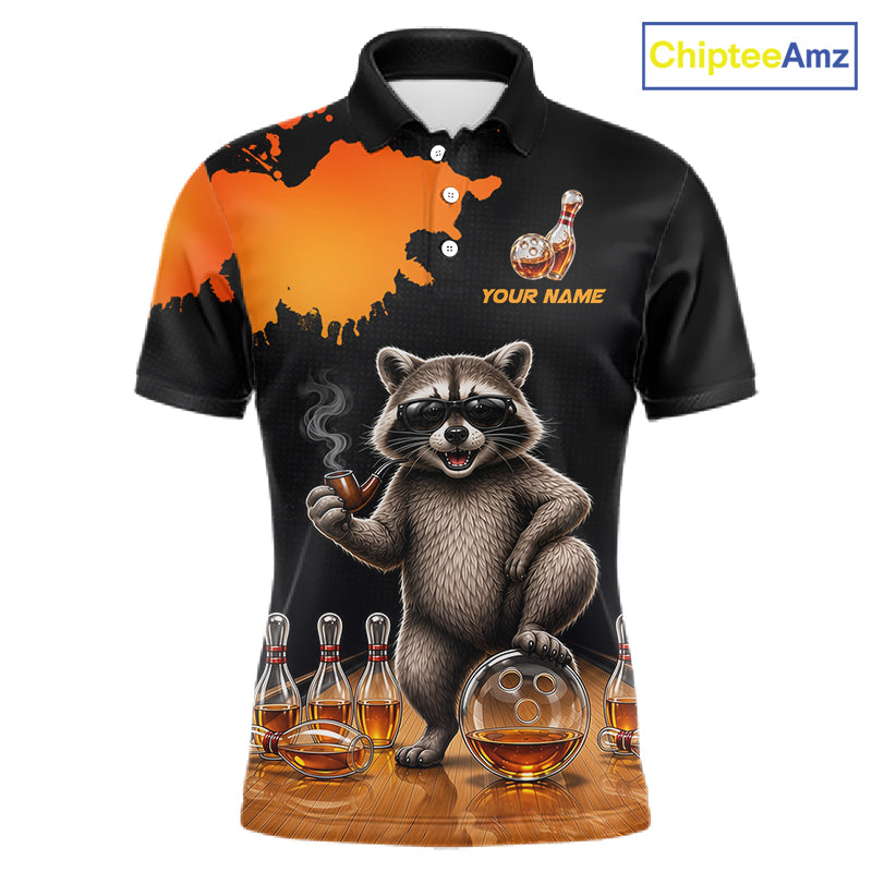 Orange Funny Bowling Shirt For Men, Whiskey Drunk Raccoon Retro Bowling Jersey, Bowler Team Apparel Gift NYN4291
