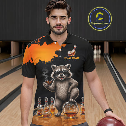 Orange Funny Bowling Shirt For Men, Whiskey Drunk Raccoon Retro Bowling Jersey, Bowler Team Apparel Gift NYN4291