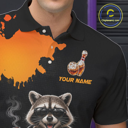 Orange Funny Bowling Shirt For Men, Whiskey Drunk Raccoon Retro Bowling Jersey, Bowler Team Apparel Gift NYN4291