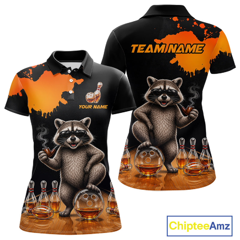 Orange Funny Bowling Shirt For Women, Whiskey Drunk Raccoon Retro Bowling Jersey, Bowler Team Apparel Gift NYN4291
