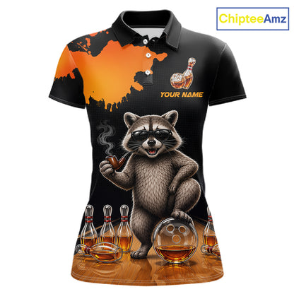 Orange Funny Bowling Shirt For Women, Whiskey Drunk Raccoon Retro Bowling Jersey, Bowler Team Apparel Gift NYN4291