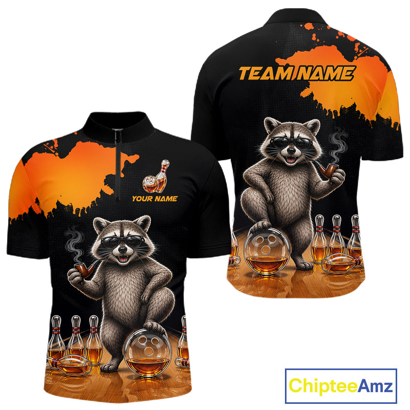 Orange Funny Bowling Shirt For Men, Whiskey Drunk Raccoon Retro Bowling Jersey, Bowler Team Apparel Gift NYN4291