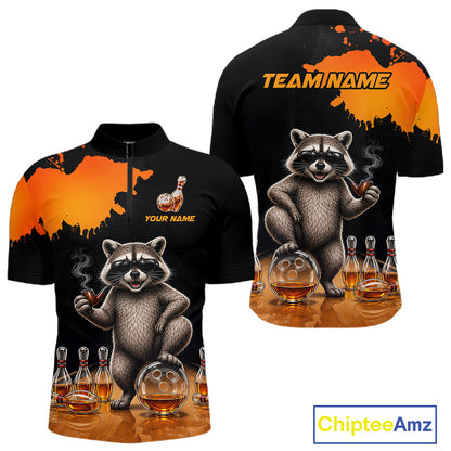 Orange Funny Bowling Shirt For Men, Whiskey Drunk Raccoon Retro Bowling Jersey, Bowler Team Apparel Gift NYN4291