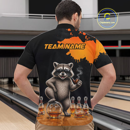 Orange Funny Bowling Shirt For Men, Whiskey Drunk Raccoon Retro Bowling Jersey, Bowler Team Apparel Gift NYN4291