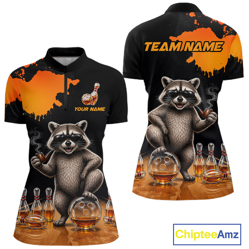 Orange Funny Bowling Shirt For Women, Whiskey Drunk Raccoon Retro Bowling Jersey, Bowler Team Apparel Gift NYN4291
