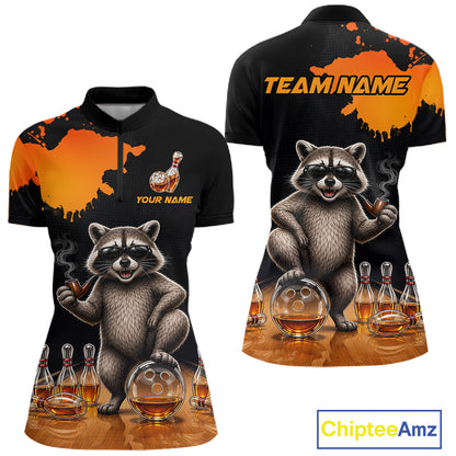 Orange Funny Bowling Shirt For Women, Whiskey Drunk Raccoon Retro Bowling Jersey, Bowler Team Apparel Gift NYN4291
