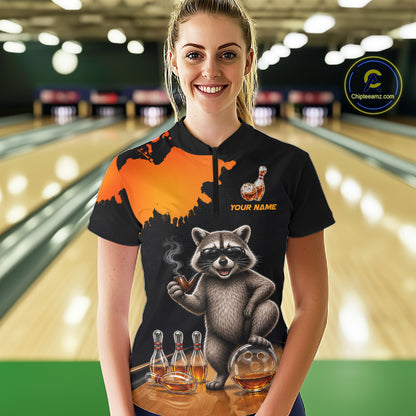 Orange Funny Bowling Shirt For Women, Whiskey Drunk Raccoon Retro Bowling Jersey, Bowler Team Apparel Gift NYN4291