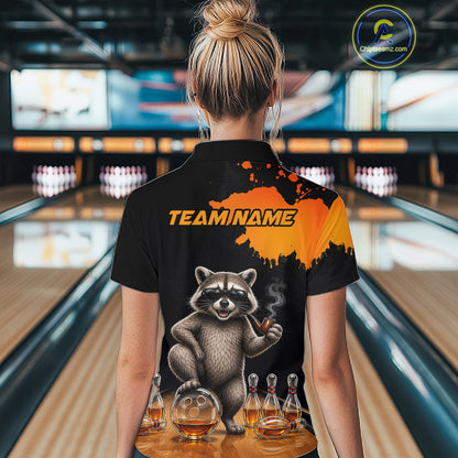 Orange Funny Bowling Shirt For Women, Whiskey Drunk Raccoon Retro Bowling Jersey, Bowler Team Apparel Gift NYN4291