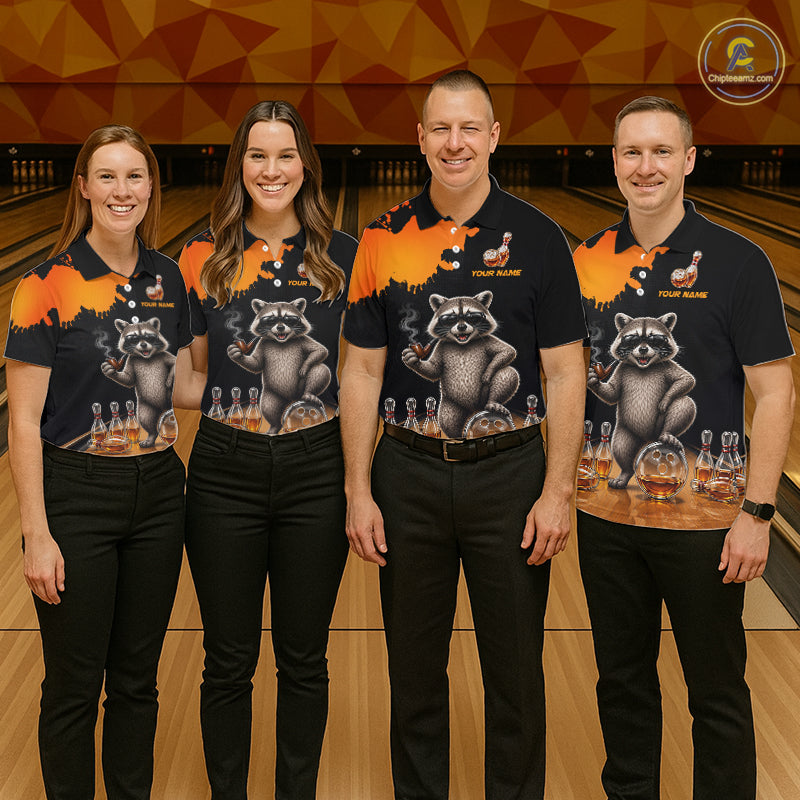 Orange Funny Bowling Shirt For Men, Whiskey Drunk Raccoon Retro Bowling Jersey, Bowler Team Apparel Gift NYN4291