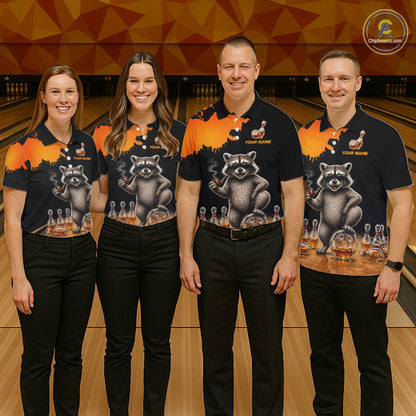 Orange Funny Bowling Shirt For Men, Whiskey Drunk Raccoon Retro Bowling Jersey, Bowler Team Apparel Gift NYN4291