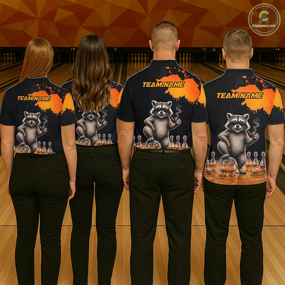 Orange Funny Bowling Shirt For Men, Whiskey Drunk Raccoon Retro Bowling Jersey, Bowler Team Apparel Gift NYN4291