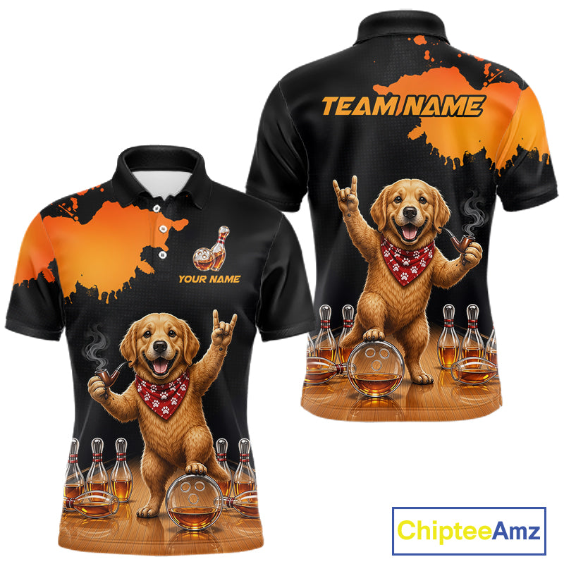 Orange Funny Bowling Shirt For Men, Whiskey Drunk Dog Retro Bowling Jersey, Bowler Team Apparel Gift NYN4292