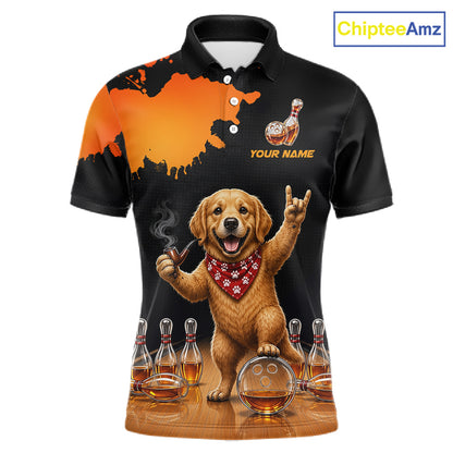 Orange Funny Bowling Shirt For Men, Whiskey Drunk Dog Retro Bowling Jersey, Bowler Team Apparel Gift NYN4292