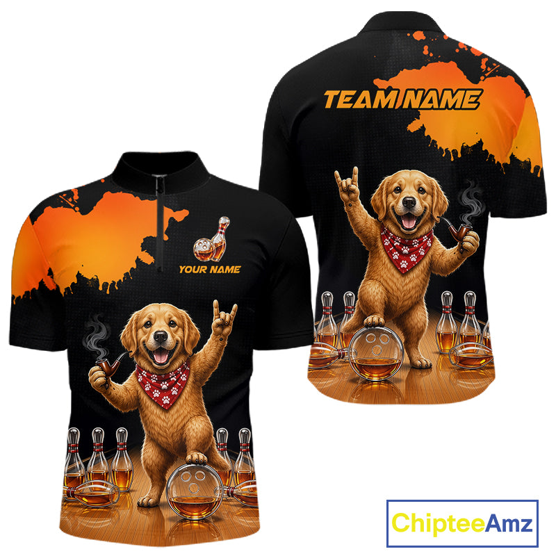 Orange Funny Bowling Shirt For Men, Whiskey Drunk Dog Retro Bowling Jersey, Bowler Team Apparel Gift NYN4292