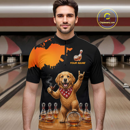 Orange Funny Bowling Shirt For Men, Whiskey Drunk Dog Retro Bowling Jersey, Bowler Team Apparel Gift NYN4292