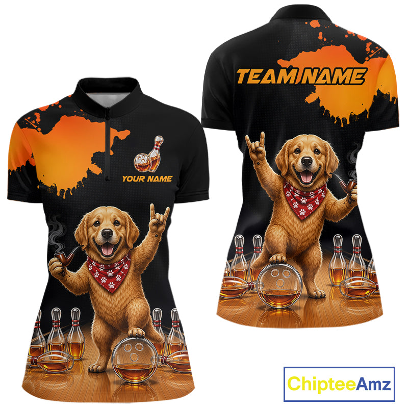 Orange Funny Bowling Shirt For Women, Whiskey Drunk Dog Retro Bowling Jersey, Bowler Team Apparel Gift NYN4292