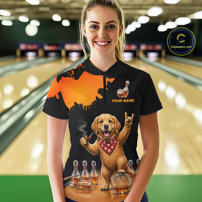Orange Funny Bowling Shirt For Women, Whiskey Drunk Dog Retro Bowling Jersey, Bowler Team Apparel Gift NYN4292