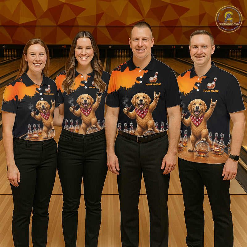 Orange Funny Bowling Shirt For Men, Whiskey Drunk Dog Retro Bowling Jersey, Bowler Team Apparel Gift NYN4292