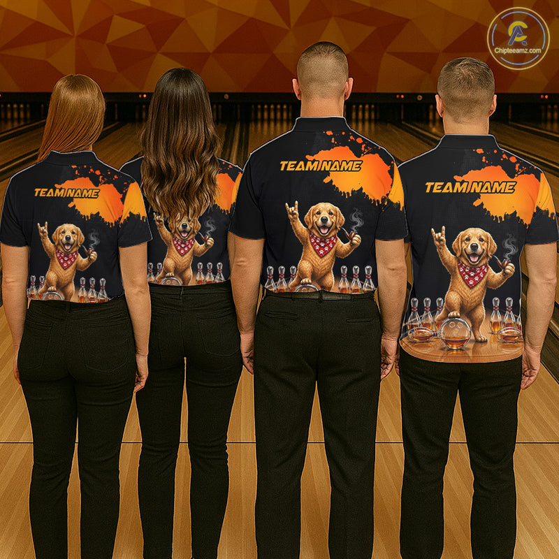 Orange Funny Bowling Shirt For Men, Whiskey Drunk Dog Retro Bowling Jersey, Bowler Team Apparel Gift NYN4292