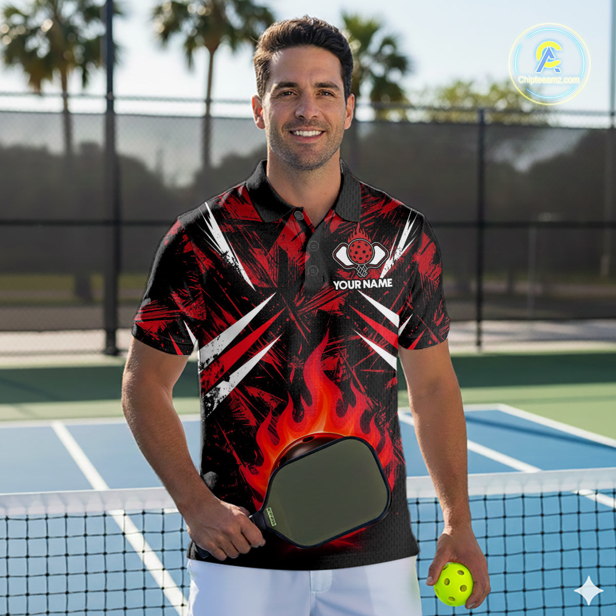 Custom Red Grunge Fire Flame Pickleball Ball & Paddle T-Shirt For Men Outfits Pickleball Jersey NYN2576