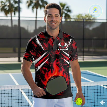 Custom Red Grunge Fire Flame Pickleball Ball & Paddle T-Shirt For Men Outfits Pickleball Jersey NYN2576