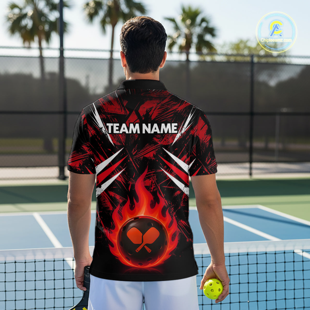 Custom Red Grunge Fire Flame Pickleball Ball & Paddle T-Shirt For Men Outfits Pickleball Jersey NYN2576