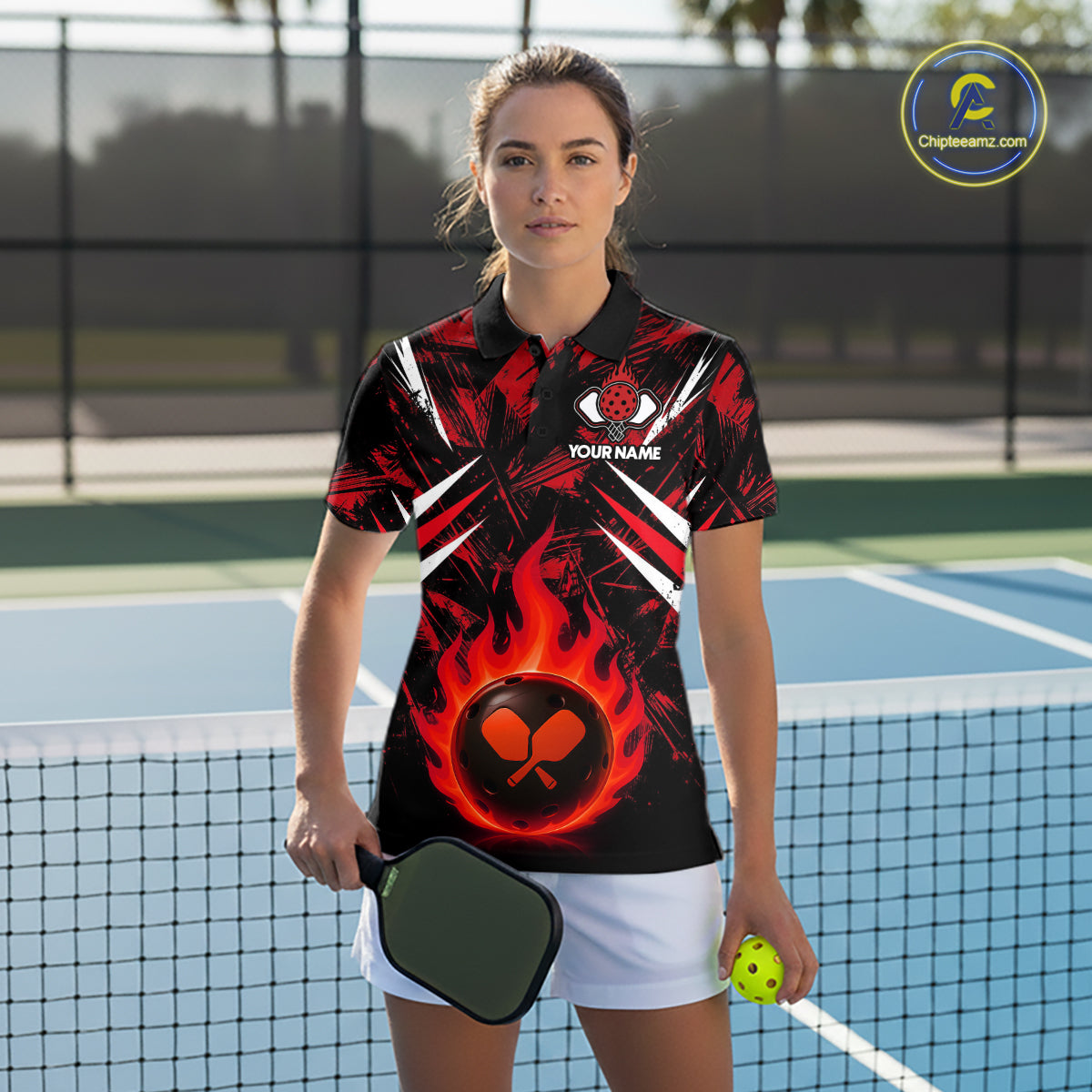 Custom Red Grunge Fire Flame Pickleball Ball & Paddle T-Shirt For Women Outfits Pickleball Jersey NYN2576
