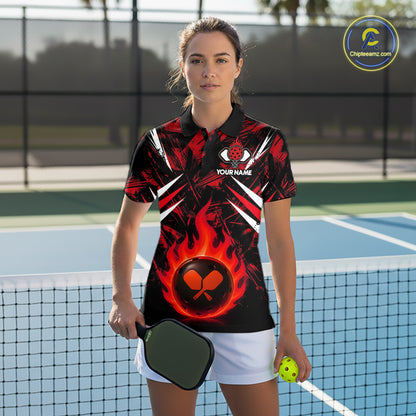 Custom Red Grunge Fire Flame Pickleball Ball & Paddle T-Shirt For Women Outfits Pickleball Jersey NYN2576