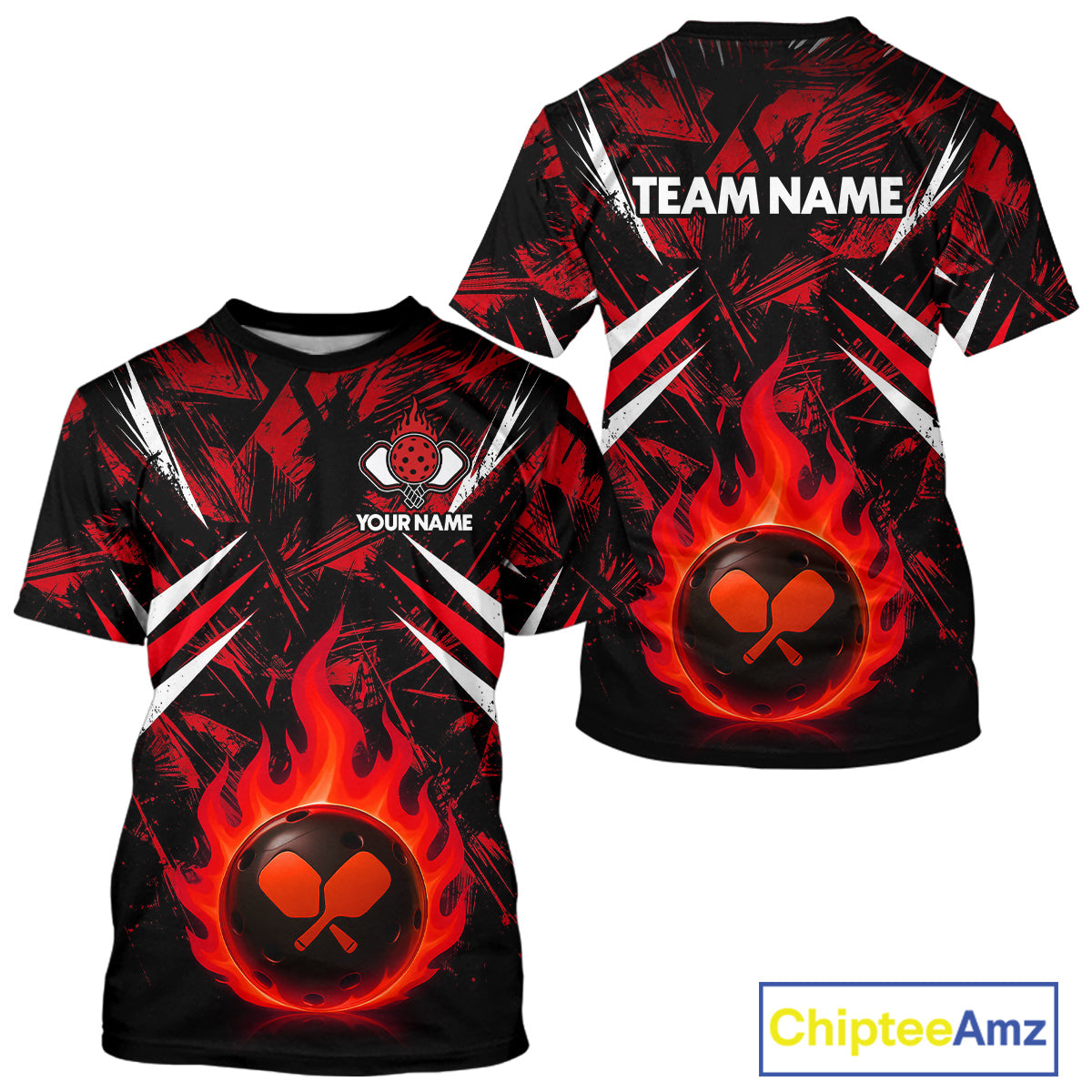 Custom Red Grunge Fire Flame Pickleball Ball & Paddle T-Shirt For Men Outfits Pickleball Jersey NYN2576