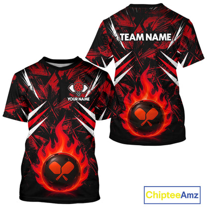 Custom Red Grunge Fire Flame Pickleball Ball & Paddle T-Shirt For Men Outfits Pickleball Jersey NYN2576