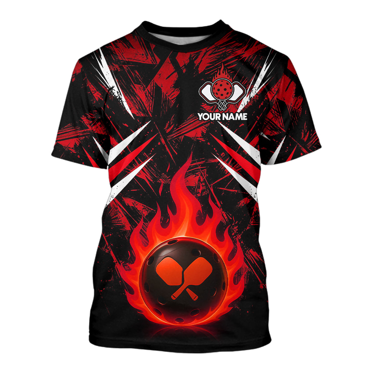 Custom Red Grunge Fire Flame Pickleball Ball & Paddle T-Shirt For Men Outfits Pickleball Jersey NYN2576