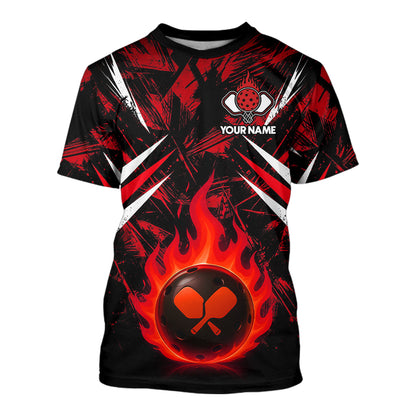 Custom Red Grunge Fire Flame Pickleball Ball & Paddle T-Shirt For Men Outfits Pickleball Jersey NYN2576